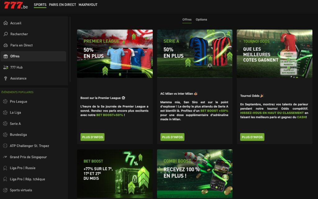 Les offres promotionnelles avec le code promo Bet777