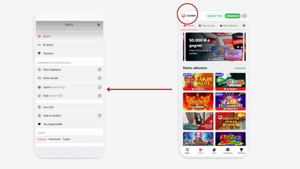 Navigation entre l'application Circus Sport et le site du Casino Circus