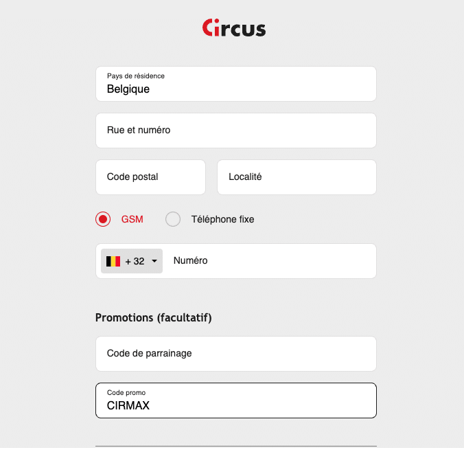 Inscription sur Circus avec le code promo CIRMAX