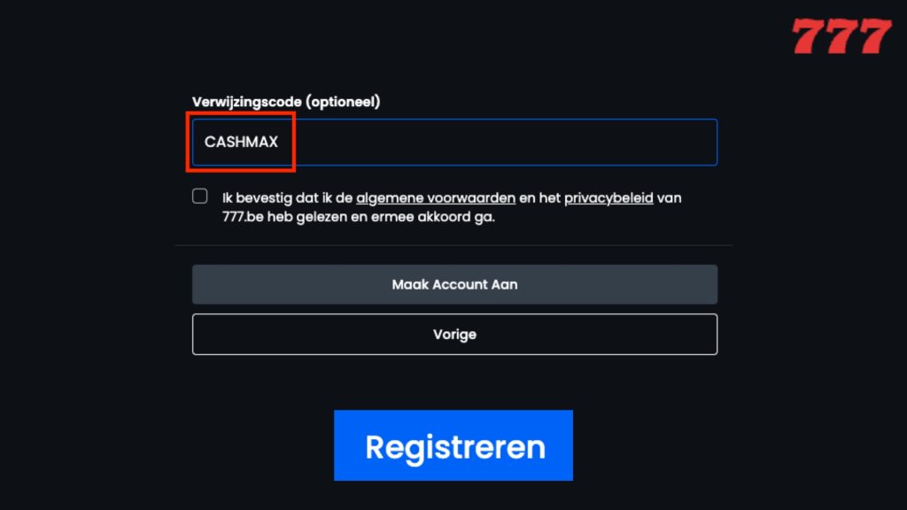Maak een account aan met de code CASHMAX
