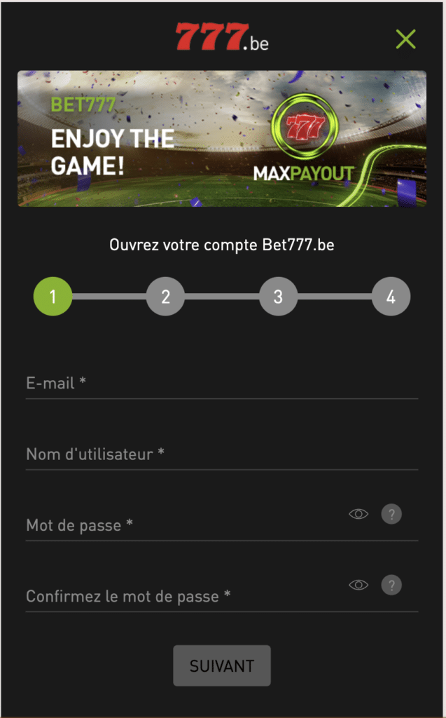 Etape deux de l'inscription sur l'app Bet777