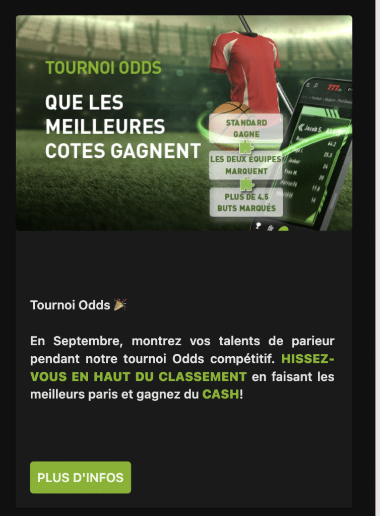 Promotions sur l'application Bet777 : tournois odds