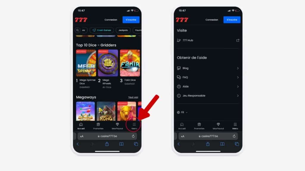 Les fonctionnalités de l'application Casino777