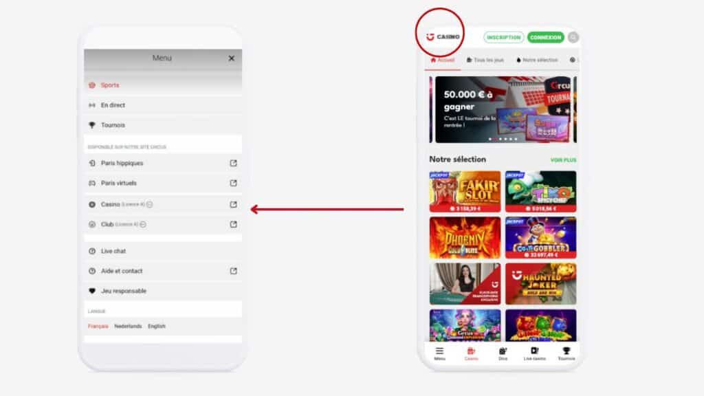 Navigation entre l'application Circus Sport et le site du Casino Circus 