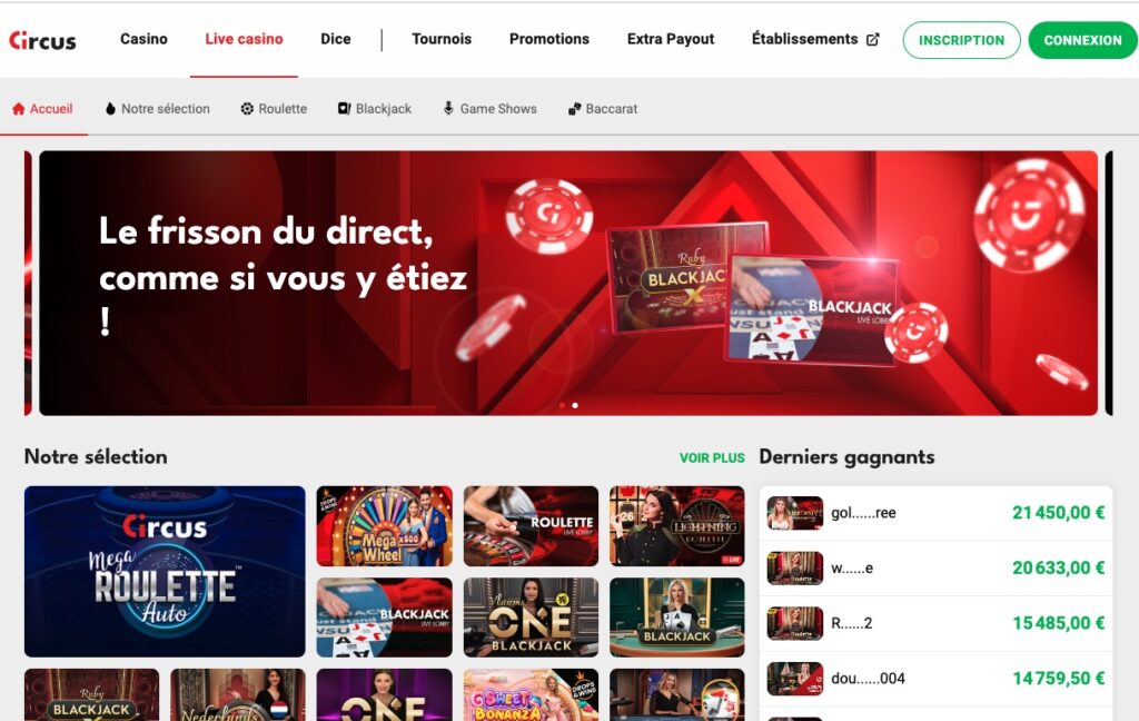 L'interface du Casino Live sur Circus 