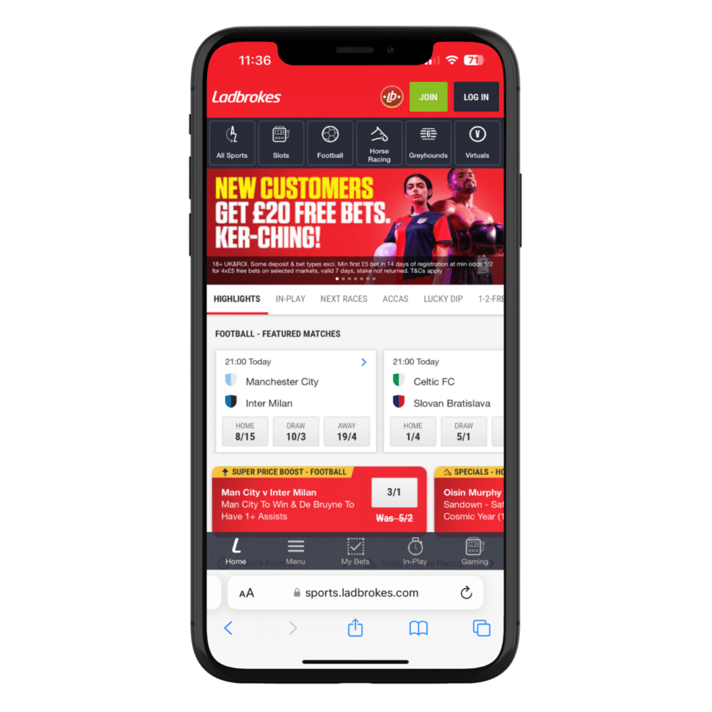 Page d'accueil de l'application Ladbrokes