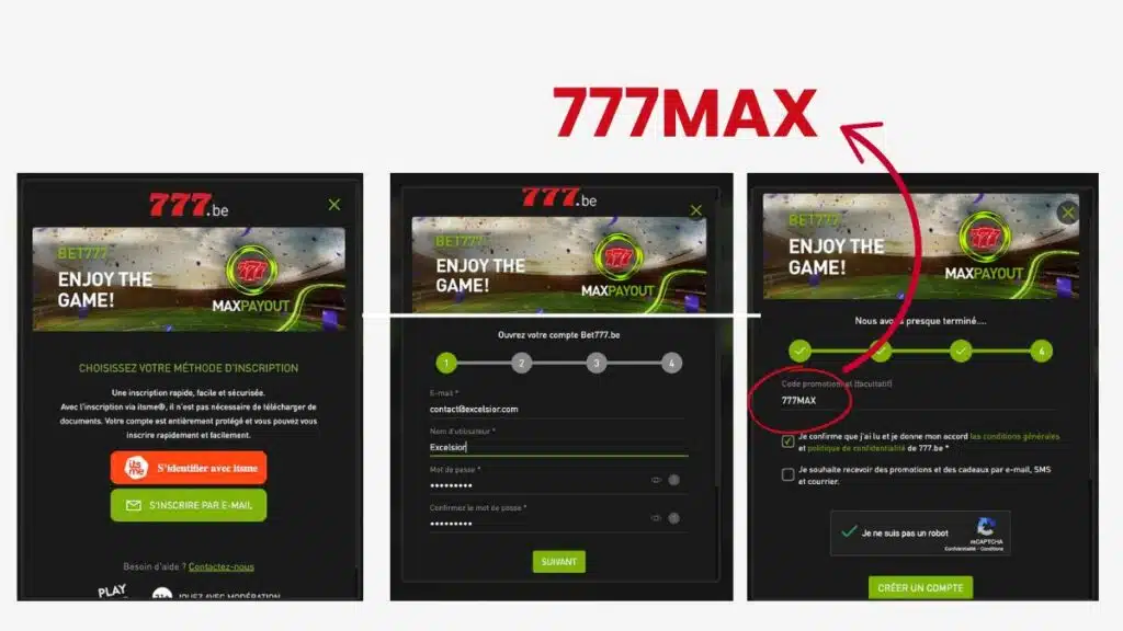 Se creer un compte sur Bet777 avec le code promo 777MAX