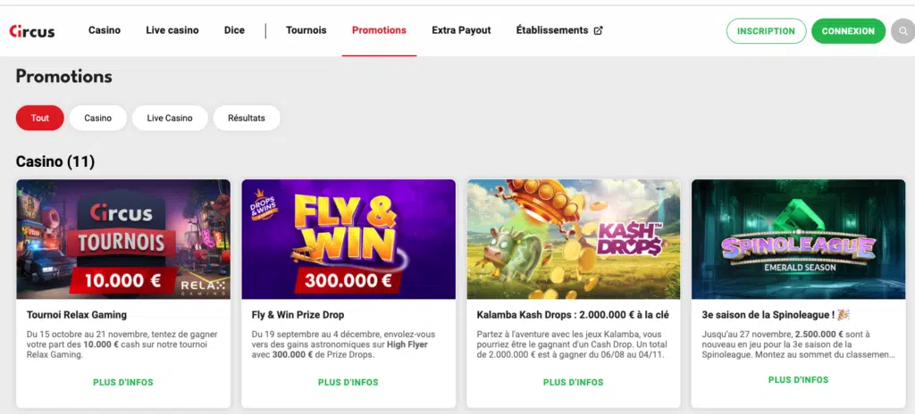 Les promotions sur le casino Circus 